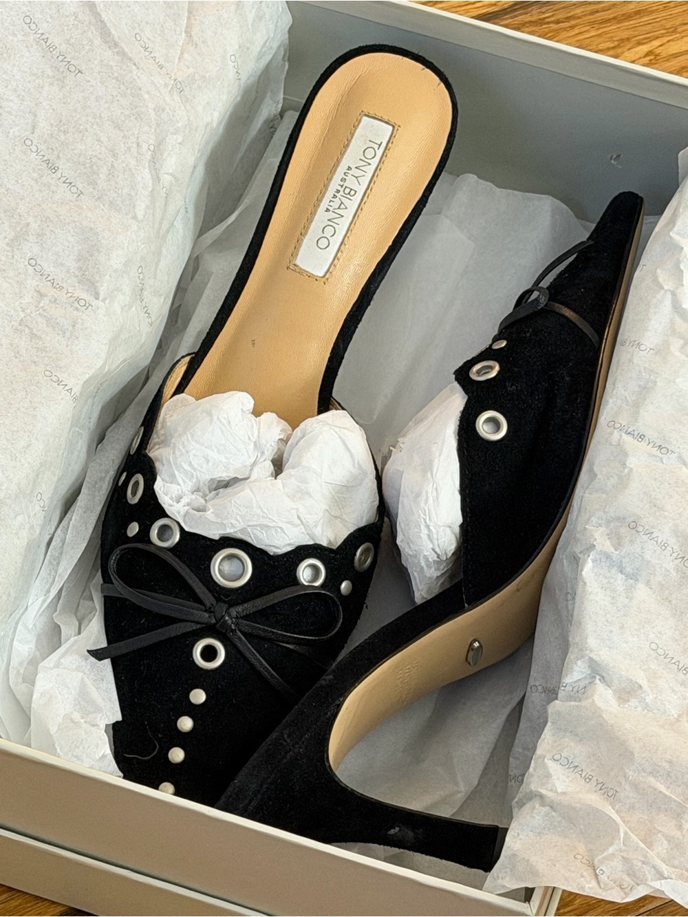 TONY BIANCO Black Suede Pointed Toe Mule Heels - Picture 2 of 10